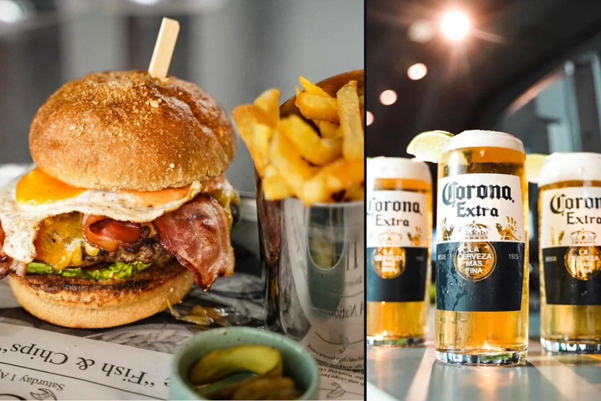 Burger mit Pommes und eiskalte Biere bei Topgolf Wien
