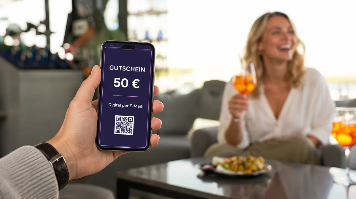 Hand hält ein Smartphone mit einem digitalen Gutschein über 50 € auf dem Display